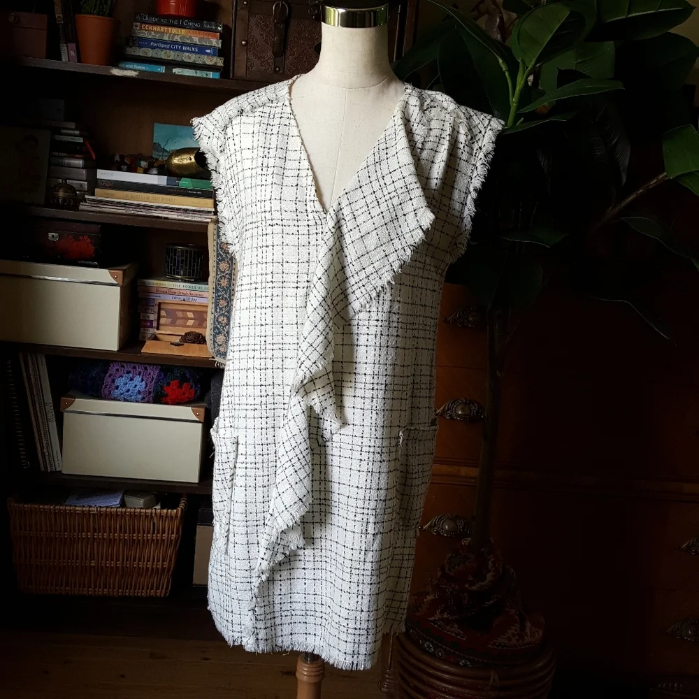 Zara Tweed Asymmetric Ruffle Dress V Neck Pockets - Picture 4 of 9